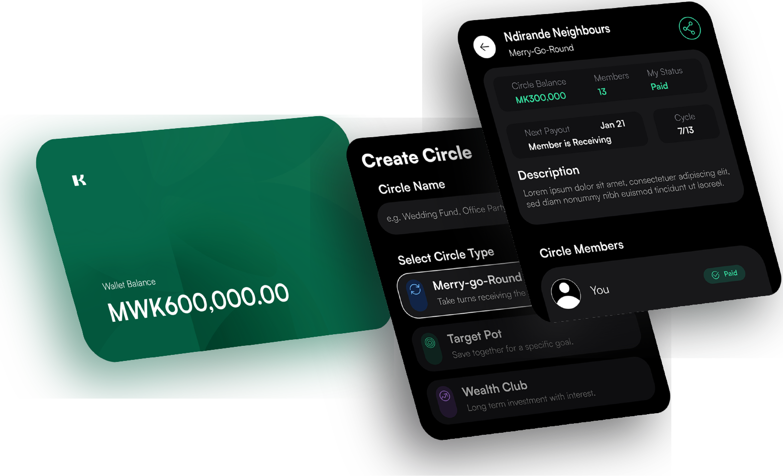 Kangachepe app screenshots showing wallet, circle creation, and contributions